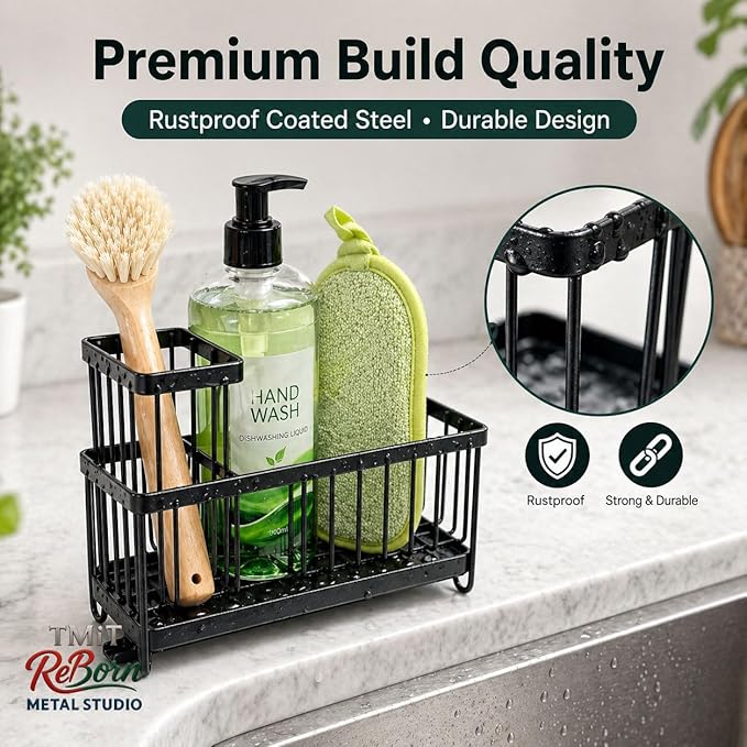 Kitchen Sink Caddy Matte Black, Stainless Steel Sponge Holder with Drainage Tray, Sink Organizer for Sponges, Brushes & Soap, Countertop Storage Rack, 9.4 x 4.7 x 6.5 Inch