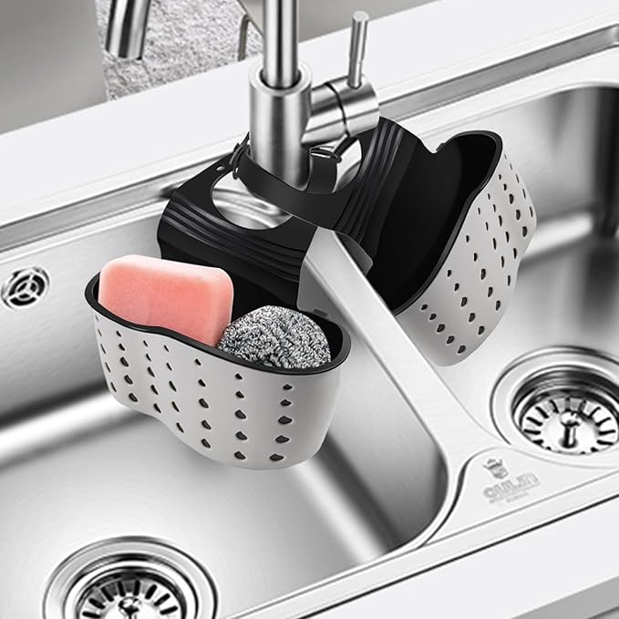 Kitchen Sink Caddy Sponge Holder for Kitchen Sink Accessories Organizer Dish Sponge Holder Ajustable Strap Faucet with Drain Holes for Drying (1 pc Beige)