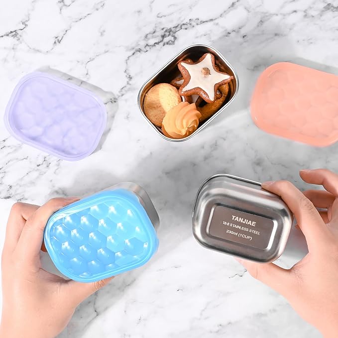 Tanjiae Snack Pro - Small (1 CUP) Stainless Steel Snack Containers for Kids | Easy Open Leak Proof Food Containers with Silicone Lids - Perfect Metal Toddler Lunch Box for Daycare and School (8oz*3)