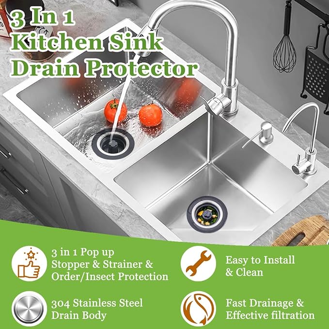 3 in 1 Kitchen Sink Drain Strainer and Stopper Combo, Stainless Steel Pop Up Kitchen Sink Stopper, Sink Drain Strainer for Standard 3-1/2 Inch Drain