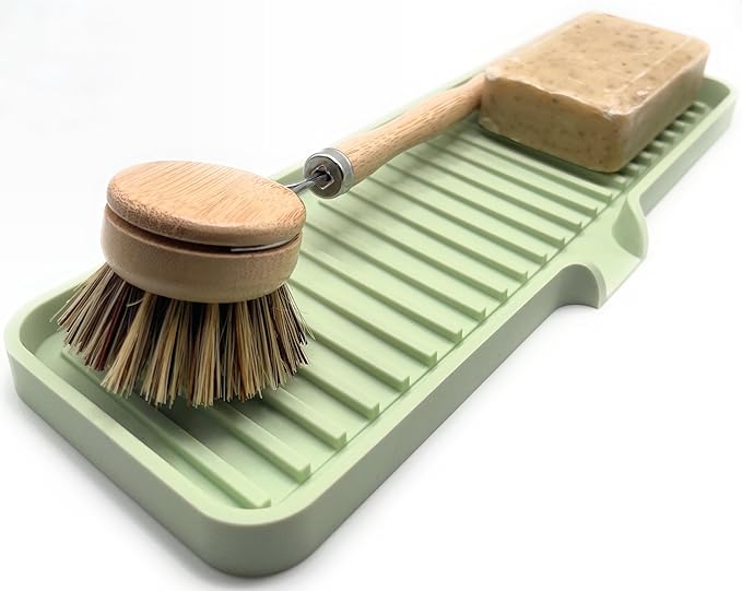 Silicone Soap Dish Tray and Sponge Holder with Drain Chute | Bathroom and Kitchen Sink Organizer Caddy (Pistachio, 12"x4", 7.4 Ounces)