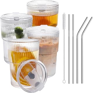 16 OZ Iced Coffee Cups with Lids and Straws Set of 4