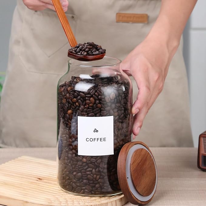 2 Pack Glass Storage Jars with Airtight Wooden Lids, 2700ml Large Clear Kitchen Canisters with Spoon, Food Storage Containers for Flour Sugar Coffee Beans Rice Cereal Pantry Organization