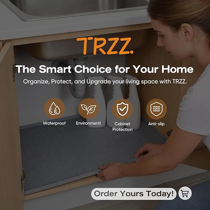 TRZZ Silicone Waterproof Under Sink Mat 28" x 19", Drip Tray and Cabinet Liner for Kitchen and Bathroom, Prevents Water Damage and Organizes Cabinets (Khaki)