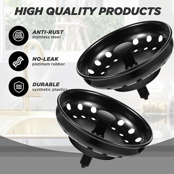 Retisee 2 Pcs Kitchen Sink Stopper Strainer Stainless Steel Drain Strainers for Universal 3-1/2 Inch Kitchen Sink Drain Replacement(Matte Black)