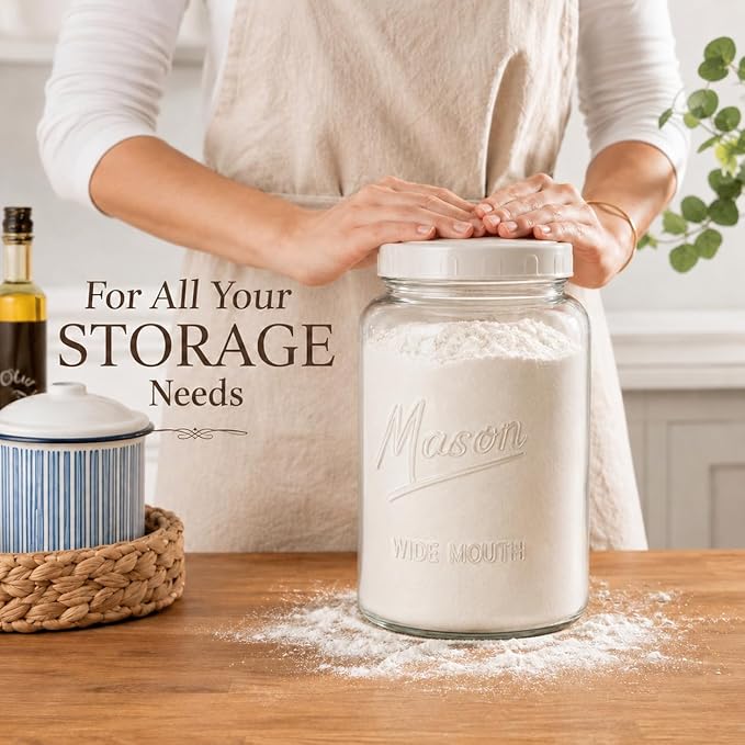 kitchentoolz Extra Large Mason Jar - 1 Gallon Glass Wide Mouth Jar with Airtight Plastic Screw on Lid, Food Storage Container with Measurement Marks Pack of 1