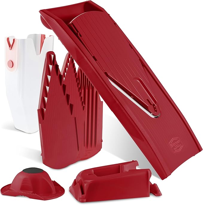Börner Mandoline Slicer V1 (Professional Set) • V-Slicer with 4 Inserts, Fruit Holder, Docking Station, Box • Adjustable Vegetable Slicer • Cuts into Slices, Strips & Dices • Color: Red