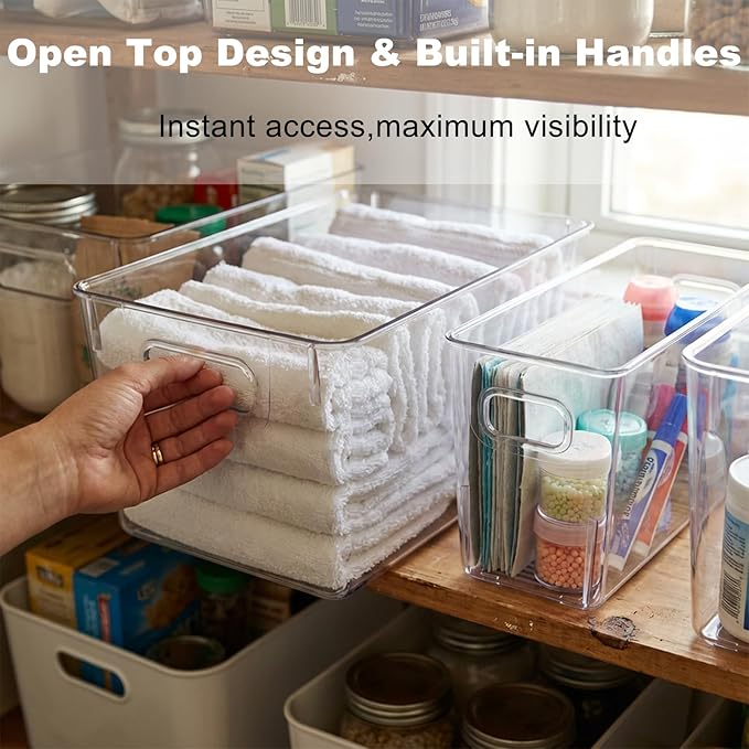 MOONEDGE Set of 4 Clear Plastic Organizer Bins, 2 Large & 2 Small Storage Bins for Pantry, Nestable Space-Saving Containers for Cabinets, Under-Sink, Bathroom, Kitchen & Freezer Organization