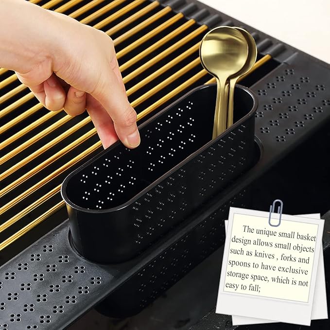 Berglander Gold Dish Drying Rack Over The Sink, L17.5*W 15" Rollable Tianium Golden Plating Stainless Steel Dish Rack with Removable Storage Basket, Perfect for Kitchen Sink