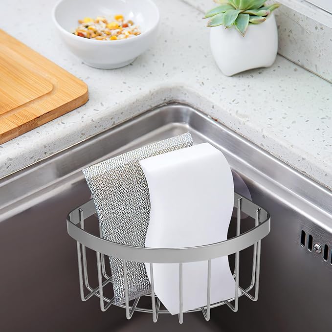 NUOBESTY Sponge Holder for Kitchen Sink, Corner Sink Caddy with Removable Suction Cup, 304 Stainless Steel Organizer Rack Holder for Soap, Brush Sponge, Bathroom, Kitchen Essentials and Gadgets