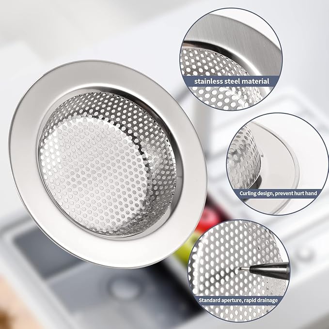RQYEKDO Polished Kitchen Sink Strainers Sink Stopper Kits, Stainless Steel Sink Drain Strainer Set,Large Wide Rim 4.4" Diameter Food Catcher Garbage Disposal Plug for Most Sink Drains Basket Filter