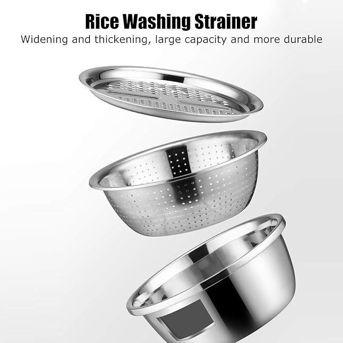 Multifunctional Stainless Steel Basin with Grater, Mixing Bowls, Vegetable Cutter, Slicer, Strainer, Drain Basket, Salad Maker Bowl, Colanders for Kitchen Use
