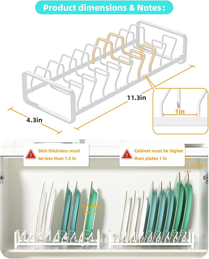 Plate Organizer for Cabinet (2-Pack),Kitchen Dish Rack Organizer for Cabinet Countertop Drawer Space Saver,8 Slots Vertical Plate Holder Storage Rack, Housewarming Kitchen Gifts for Women (White)