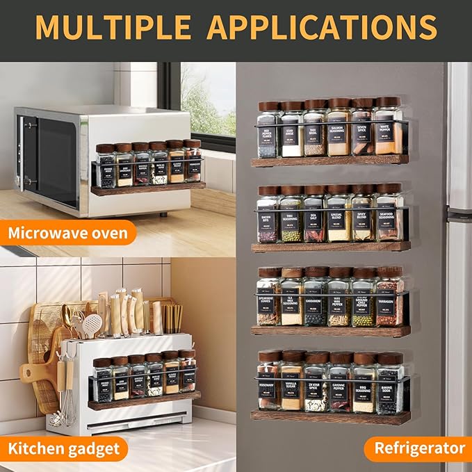 Wooden Lid Magnetic Spice Rack with 24 Jars, 216 Labels, 1 Steel Funnel for Refrigerator,Microwave Oven - Full Set of Spice Organizer