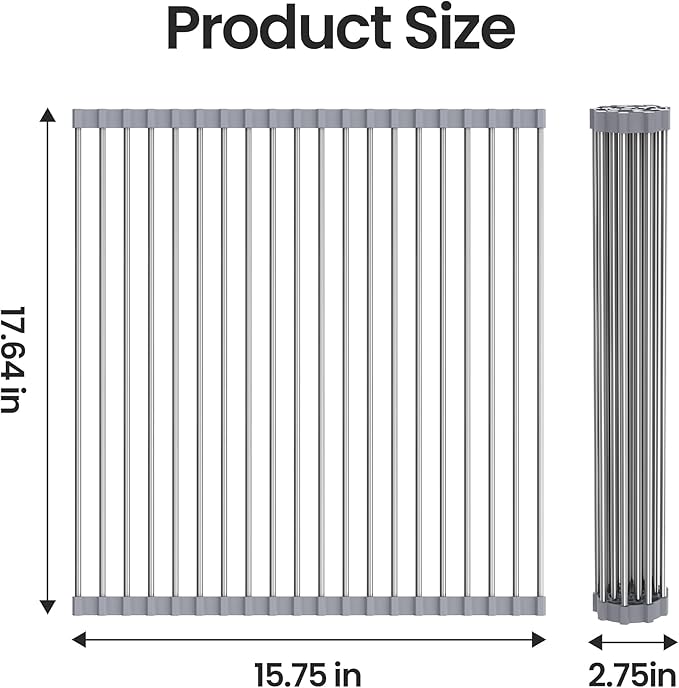 Roll Up Over Dish Rack 17.7”Lx15.5”W, Kitchen Drainer Rack, Gray