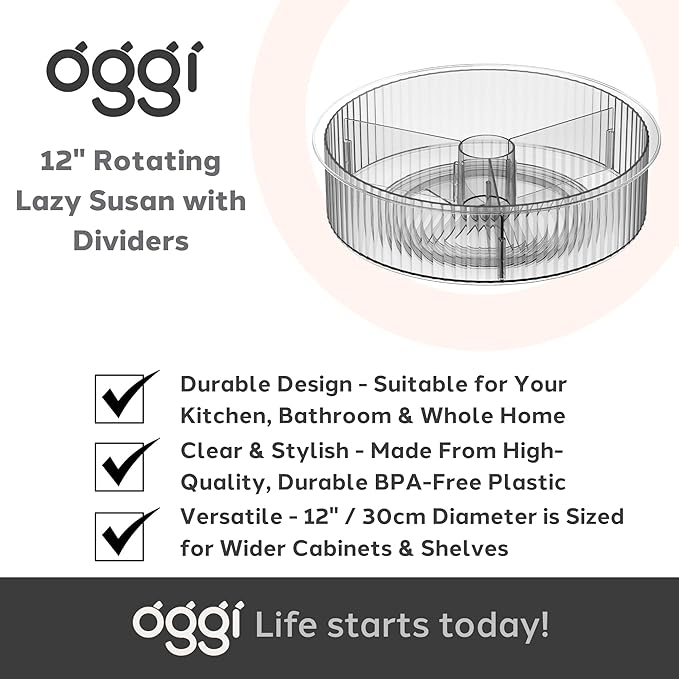 Oggi 12" Divided Fluted Lazy Susan Turntable Organizer – Clear Rotating Cabinet Organizer with Removable Divider for Kitchen, Pantry, Fridge, Bathroom, Spices, Makeup, Perfume & More