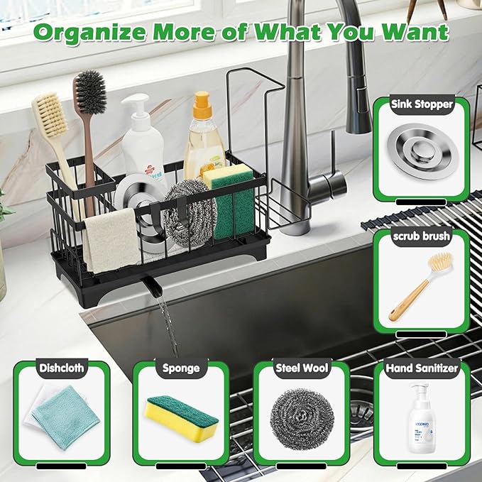 Sponge Holder for Kitchen Sink, Sink Caddy Organizer with Detachable Cloth & Brush Holder, Self-Draining Sponge Caddy Organizer with 360° Rotatable Spout, Kitchen Countertop Storage Accessories(Black)