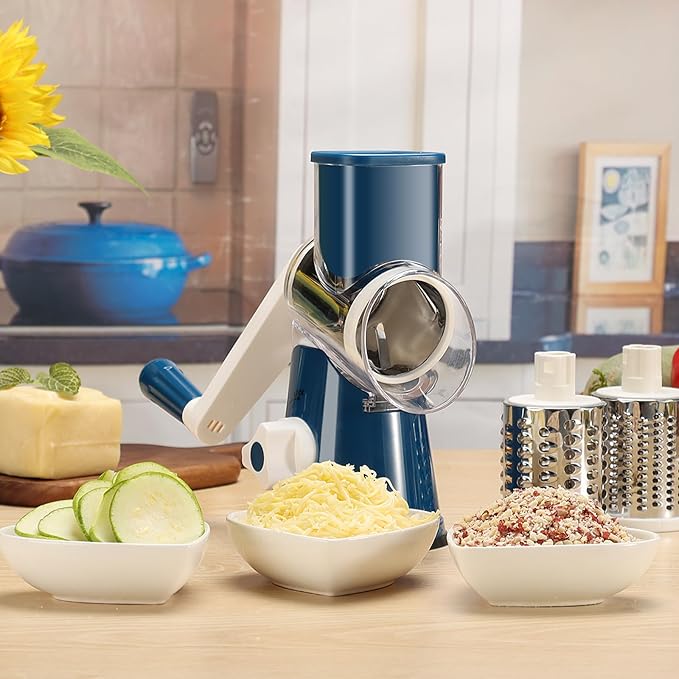 Cambom Rotary Cheese Grater Hand Crank Cheese Shredder for Fresh Cheese, Vegetable, Nuts,Non-slip Suction Base,Three Blades,Dark Blue