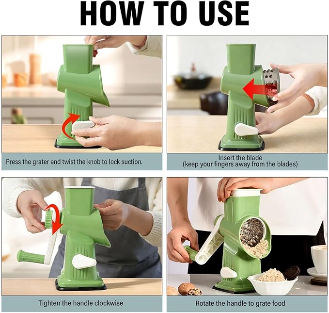3-in-1 Manual Rotary Cheese Grater & Vegetable Slicer, Round Mandoline Food Chopper with 3 Interchangeable Blades, Strong Suction Base Hand Crank Grater for Cheese, Potato, Nuts & Veggies