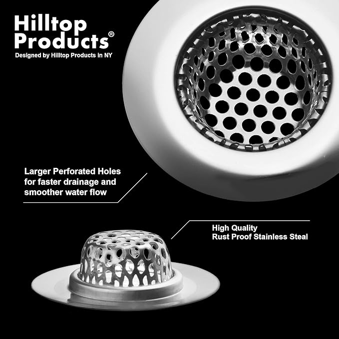 4 Pcs - Bathroom Sink Strainers and Stopper Plug (Use Separately) - 2.125" Top / 1" Basket, Stainless Steel Strainers and Rubber Plug Stopper for Standard Bathroom, Utility, Slop and RV Sink.