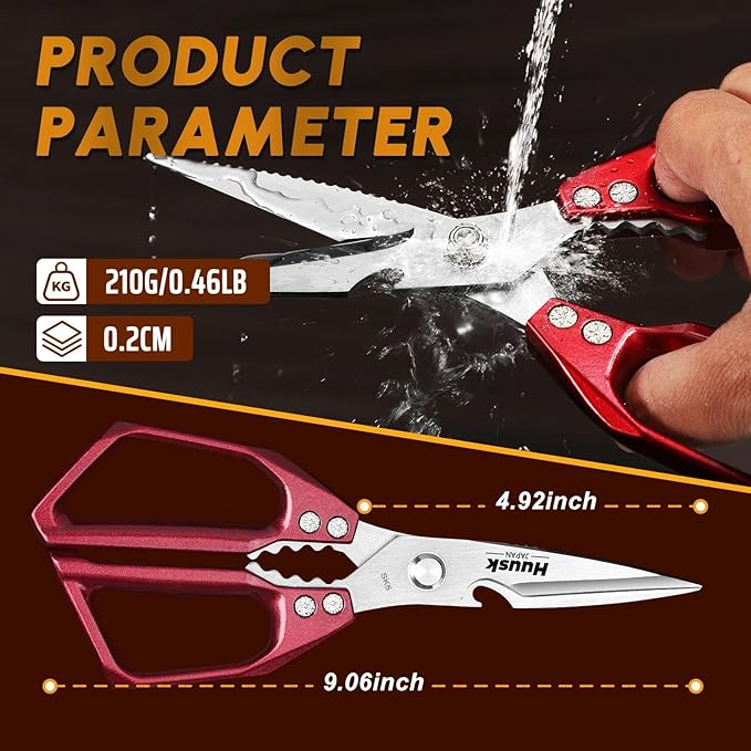 HUUSK Kitchen Scissors for Food - Stainless Steel Kitchen Shears, Sharp Red Meat Scissors Dishwasher Safe, Heavy Duty Poultry Shears, Japanese Cooking Scissor for Chicken, Christmas Gift for Men Women