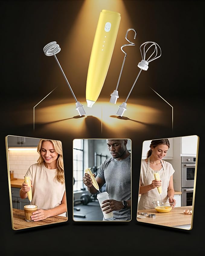 Portable Milk Frother Handheld,Electric Drink Mixer & Wand, 3 Detachable Stainless Steel Whisks, 3 Adjustable Speeds Quiet, USB C Rechargeable for Coffee, Latte, Matcha, Home & Kitchen (Yellow)