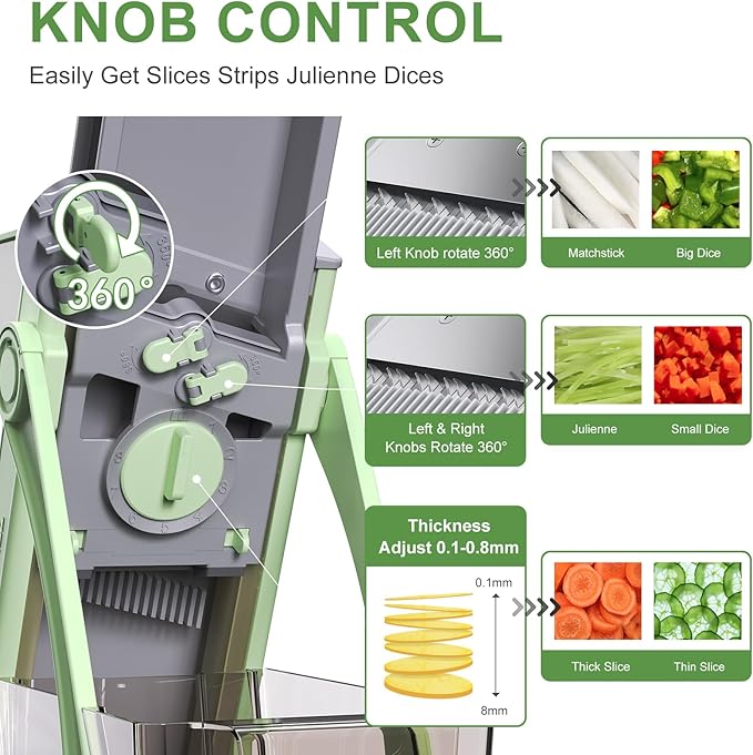 Jonscook All-in-1 Update Safe Mandoline Slicer for Kitchen, Food Chopper with Container, Thickness Adjustable Vegetable Chopper, Potato French Fry Cutter Tomato Apple Slicer Onion (Matcha Green)