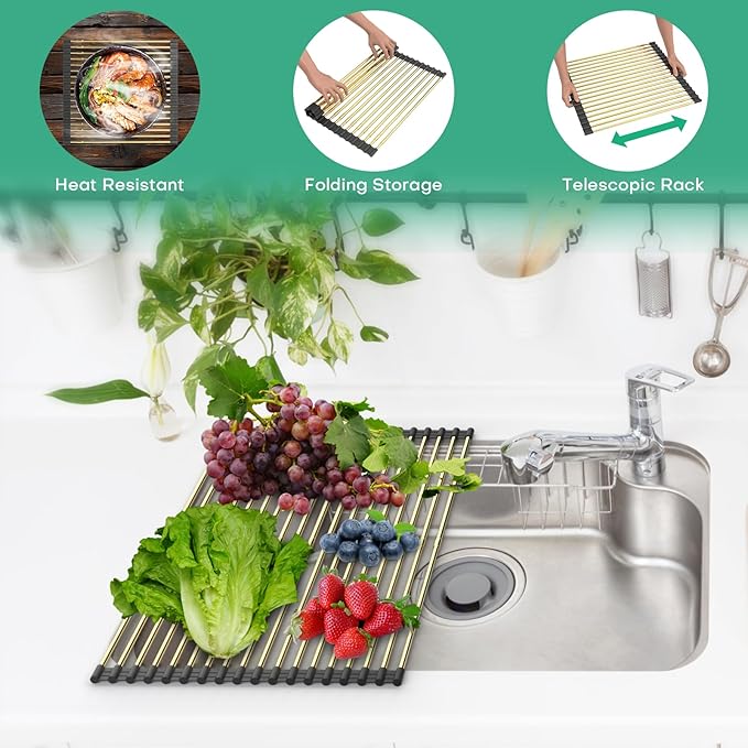 Expandable Roll Up Dish Drying Rack, Adjustable Large Over The Sink Rack Draining Rack (Max Extends to 21.25β) for Stainless Steel Sinks, Collapsible Silicone Rolling Up Rack 18 Tube for Kitchen, Gold