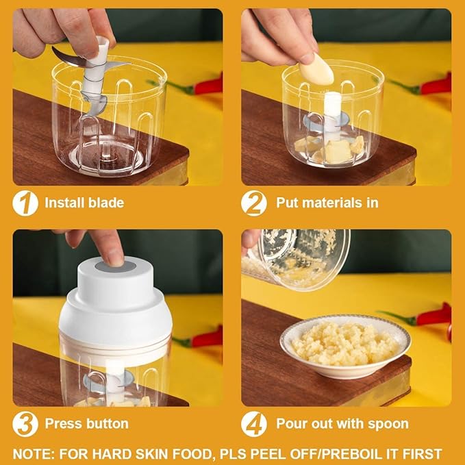Electric Garlic Chopper Mini, Garlic Masher Crusher, Food Processor Small with Garlic Peeler And Spoon (250ML/8.5FL OZ, White)