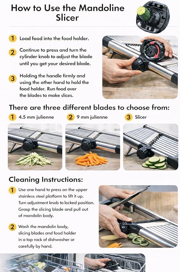 Groa Adjustable Mandoline Slicer for Kitchen– French Fry Cutter, Potato Slicer Vegetable Slicer Tomato Slicer in Kitchen Essentials with Resistant Gloves- Stainless Steel Mandolin vegetable cutter