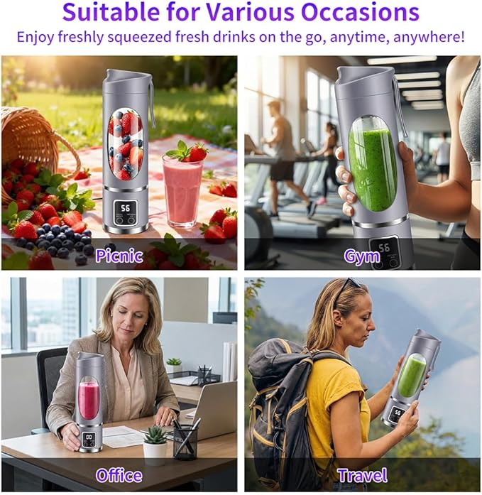 Portable Personal Blender, 500ML Cordless Compact Travel Juicer for Shakes & Smoothies, Small Blenders with Smart time display, Self-cleaning, BPA Free Cup & Lid, 12 blades, USB-C Rechargeable Purple