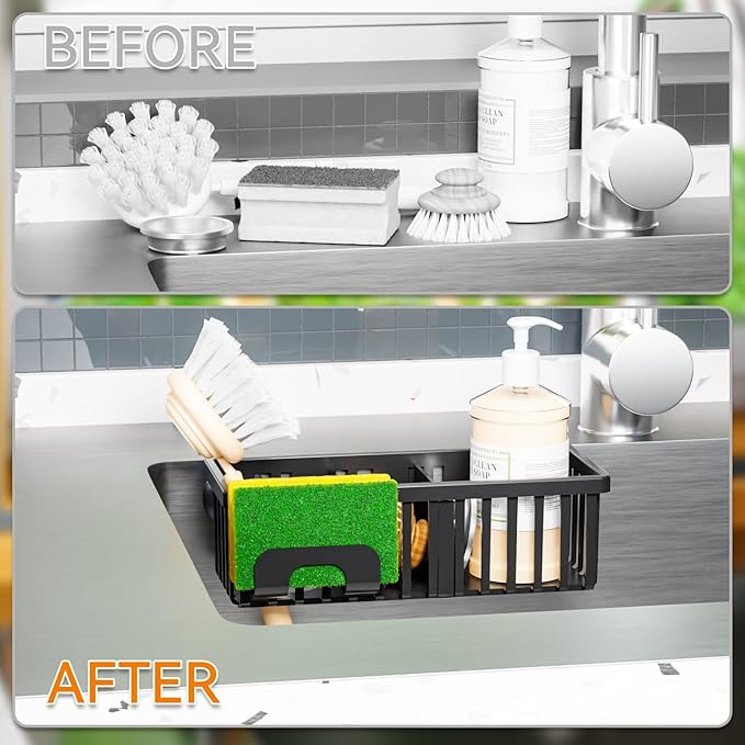 Yieach 3 in 1 Kitchen Sink Caddy Sponge Holder with Suction Cup and Adhesive,Plastic Rust-Proof kitchen Scrubber,Dish Scrub,Dish Soap Holder,Black Hanging Sponge Rack and In Sink Organizer Essentials