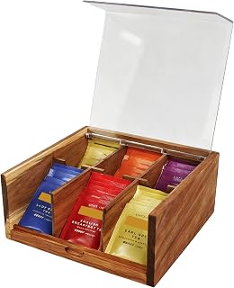 Acacia Wood Tea Bag Organizer Storage Box with 6 Compartments