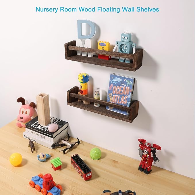 JORIKCHUO Nursery Book Shelves, Set of 2 Wood Floating Book Shelves for Kids Room, Kitchen Spice Rack, or Rustic Wall Mounted Shelves for Farmhouse Bathroom Décor (Carbon Brown)