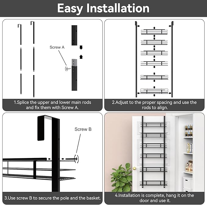 6-Tier Over The Door Spice Rack, Large-Capacity Adjustable Hanging Pantry Organizer 3 Size Baskets, No-Sway No-Drill Door Mount, Heavy-Duty Rustproof Steel, 15.75″ Wide, Black