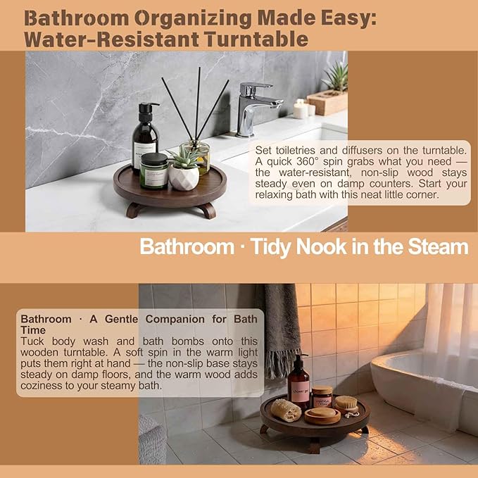 12" Solid Wood Lazy Susan Turntable Organizer for Cabinet, Pantry, Kitchen Countertop - Farmhouse Style with Raised Feet & Water-Resistant Coating, Rustic Bathroom Vanity Tray and Dining Table Decor