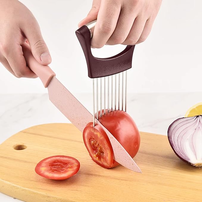 Stainless Steel Onion Holder for Slicing,Onion Slicer Holder, Onion Cutter for Slicing of Onions, Tomatoes,Avocados,Eggs and Other Vegetables,Kitchen Utensils Gift (Wine Red)