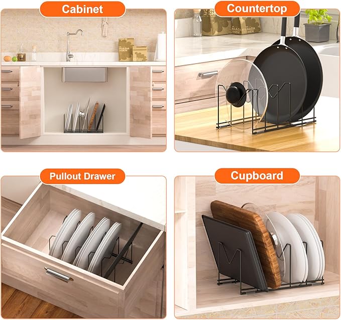 HzTinT 3 Pack Pot Lid Organizer for Cabinet, Stainless Steel Pot Lid Rack with Anti-slip Pad, Lid Holder for Pans Pots, Bakeware, Plates, Cookie Sheets, Trays, Dish, Cutting Boards, Classic Black