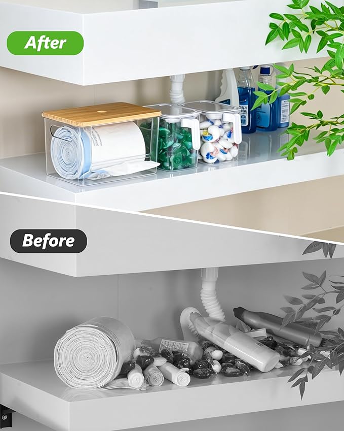iCASA Trash Bag Dispenser Organizer - Large 3 in 1 Garbage Bag Dispenser Holder Dishwasher Pods Container, Clear Under Kitchen Sink Organizer, 2pcs Laundry Detergent Pods Storage Box with Handle