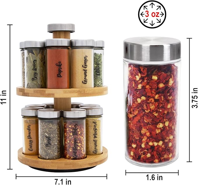 Orii 16 Jar Spice Rack with Spices Included & 5-Year Free Spice Refill Program - Rotating Countertop 2 Tier Tower Organizer for Kitchen Spices and Seasonings, (Bamboo Wood)