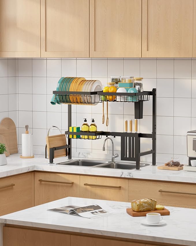 Sakugi Over The Sink Dish Drying Rack - Adjustable 2 Tier Large Capacity Stainless Steel Drainer with Cutlery & Utensil Holders