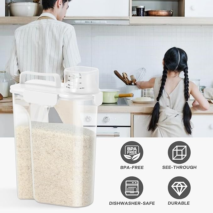 TBMAXS 5-7 Lbs Dog Cat Food Storage Container, Portable Travel Pet Food Storage Container with Measuring Cup, Easy-Pouring Bird Seed Dispenser, Airtight Rice Cereal Oatmeal Flour Dispenser -White