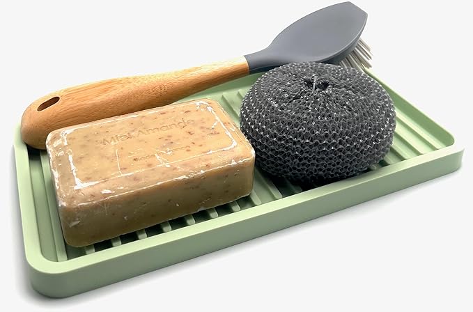 Silicone Sink and Surface Organizer Tray, Sponge Holder, Vanity Tray, Trivet, Heat Safe, Dishwasher Safe, for Bathroom and Kitchen Organization (Pistachio, 10"x5.25")