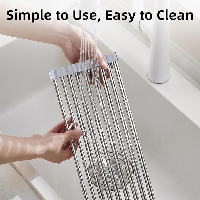 Roll Up Dish Drying Rack Over Sink, 17" x 15.7", Stainless Steel with Non-Slip Silicone Ends, Gray