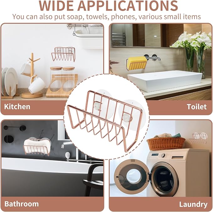 Soap Sponge Holder for Kitchen Sink Shower, No Drilling. Rustproof Stainless Steel, Wall Mounted Soap Holder Soap Tray Bar Holder with Suction Cups for Bathroom & Kitchen. Rose Gold.