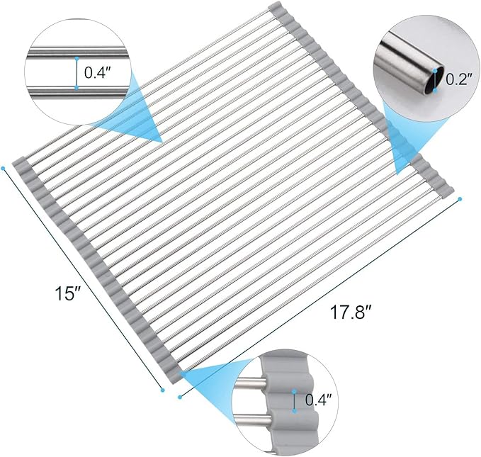 SunCleanse 17.8" L×15" W Roll Up Dish Drying Rack, Over Sink Dish Drying Rack Drainer, Multi-Use Stainless Steel Foldable Dish Rack for Kitchen Sink Countertop, Grey