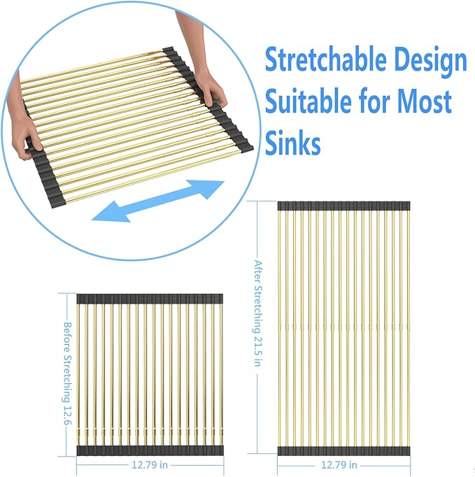 Large Expandable Roll Up Dish Drying Rack, Heat-Resistant Dish Drainer for Stainless Steel Sinks, Over The Sink Non-Slip Silicone Rollable Dish Drainer Roll Rack 18 Tube Gray Silicone & Gold Tube