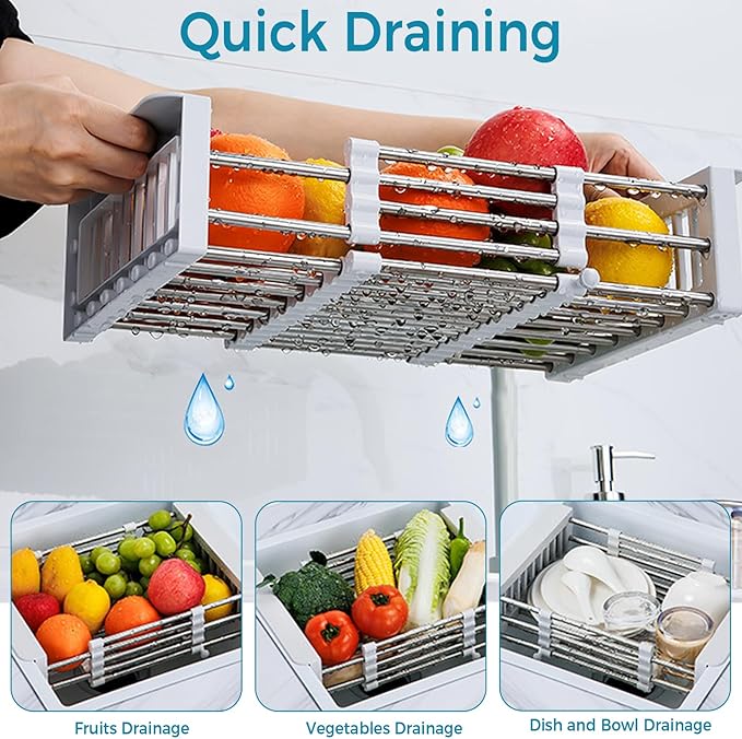 COVRA Over Sink Dish Drying Rack, Stainless Steel Drainer for 10.6"-18.5" Sinks (Square Sinks ONLY), Kitchen Countertop Organizer for Dishes, Vegetables, and Fruits (Black)