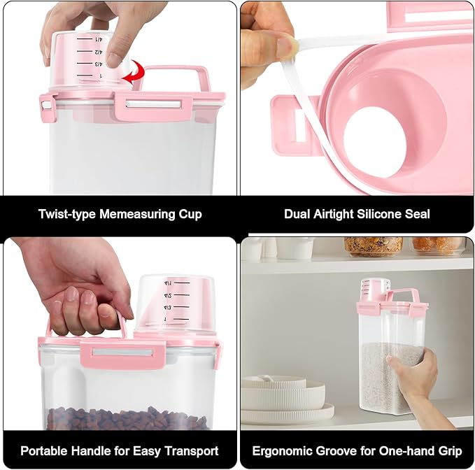 TBMAXS 2 Pack 3 Lbs Dog Cat Food Storage Containers for Travel, Portable Pet Food Storage Container, Easy-Pouring Bird Seed Dispenser, Airtight Rice Cereal Oatmeal Flour Holder -Pink