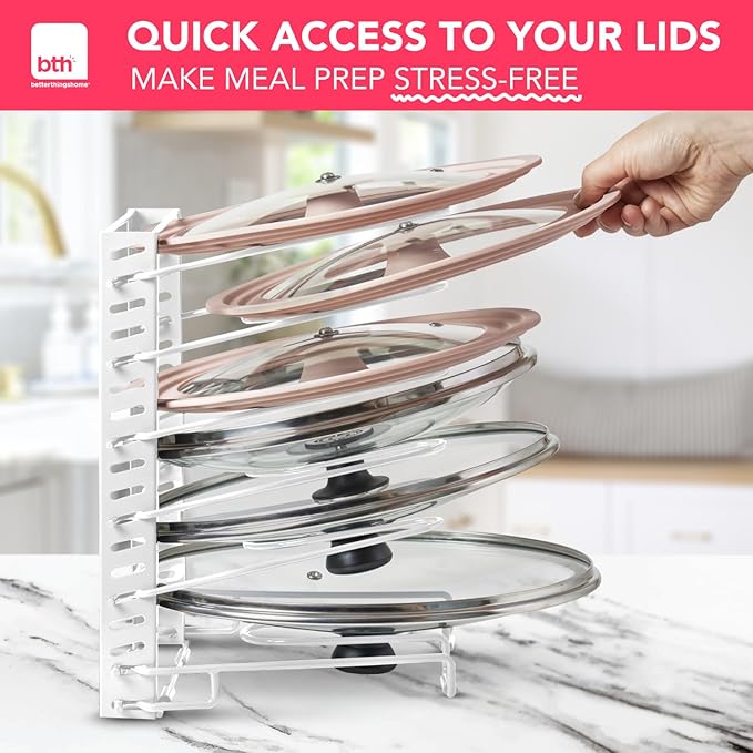 Free-Standing Adjustable Pot Lid Organizer for Cabinet - Kitchen Storage Rack 6 Adjustable Shelves, Pot Lid Holder, Pan and Pot Rack Organizer, Pantry & Inside Cabinet Organizer (13β Clearance)